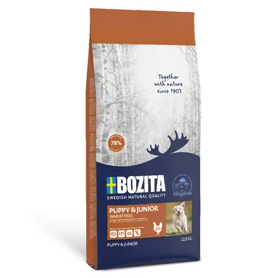 Bozita Swedish Natural Quality Puppy & Junior Wheat Free hondenvoer, 12,5 kg. Op de verpakking: 78% dierlijke eiwitten, 25% eiwit, 13% vet. Afbeelding van een puppy op het etiket.
