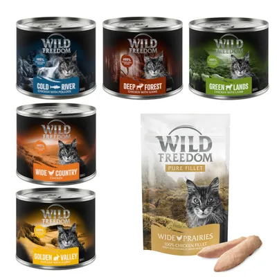 Wild Freedom Kombi-Paket: Adult Nassfutter + Filet Snacks - 24 x 200 g Mixpaket 1 (Huhn, Seelachs, Lamm, Kaninchen, Wild) + 3 x 100 g Hühnerfilet