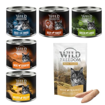 Wild Freedom Kombi-Paket: Adult Nassfutter + Filet Snacks 24 x 200 g Mixpaket 1 (Huhn, Seelachs, Lamm, Kaninchen, Wild) + 3 x 100 g Hühnerfilet