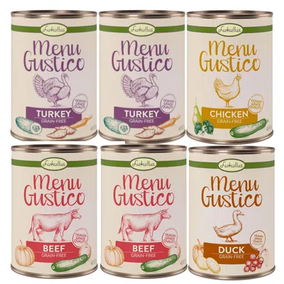 Lot de 6 boîtes Lukullus Menu Gustico 400 g : 2 Turkey grain-free, 1 Chicken grain-free, 2 Beef grain-free, 1 Duck grain-free. Mentions visibles : Human Grade Quality. Lot de 6 boîtes Lukullus Menu Gustico 400 g : 2 Turkey grain-free, 1 Chicken grain-free, 2 Beef grain-free, 1 Duck grain-free. Mentions visibles : Human Grade Quality.
