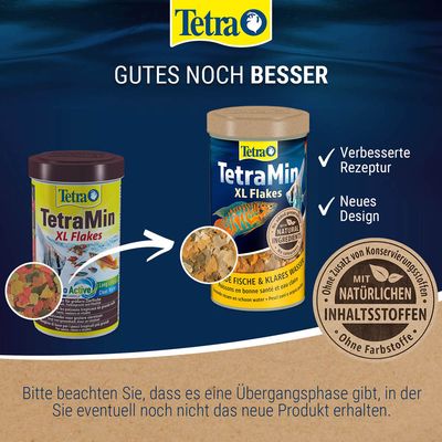 TetraMin XL Flakes mit verbessertem Rezept, neuem Design und natürlichen Inhaltsstoffen. Hinweis: Übergangsphase, Produkt kann noch im alten Design geliefert werden.