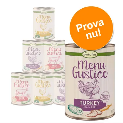 Flera burkar Lukullus Menu Gustico våtfoder: Turkey Grain-Free, Beef Grain-Free, Chicken Grain-Free. Stor orange cirkel med texten 'Prova nu!'.