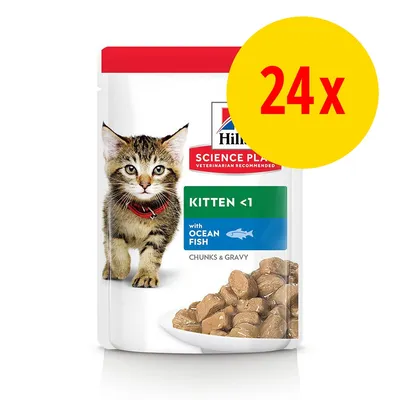 Hill's Science Plan Kitten <1 mit Ozeanfisch, Chunks & Gravy. Verpackung zeigt 24x Portionsbeutel.
