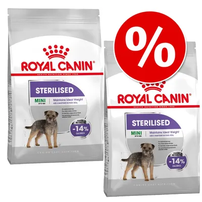Dwie torby karmy Royal Canin Sterilised Mini, widoczny pies na opakowaniu, napis -14% calories oraz duży symbol procentu oznaczający promocję.