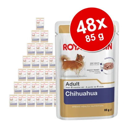Royal Canin Adult Chihuahua våtfoder, 48 x 85 g förpackningar. Text på förpackning: Coat health, Healthy transit, Adapted texture, Over 8 months old.