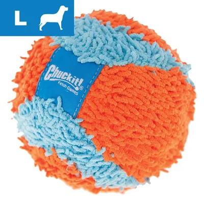 Large Chuckit! Fetch Games ball with orange and blue textured surface, shown with an icon indicating size L.