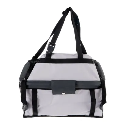 Sac de transport pour animaux en tissu gris et noir, avec anses réglables et poche frontale à bouton pression, côtés en maille visible.