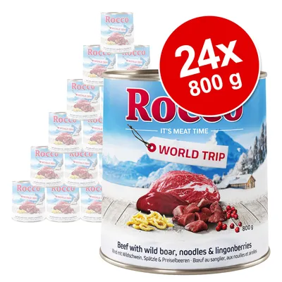Lot de 24 boîtes Rocco World Trip 800 g, bœuf au sanglier, nouilles et airelles. Texte visible en anglais et allemand sur l’étiquette.