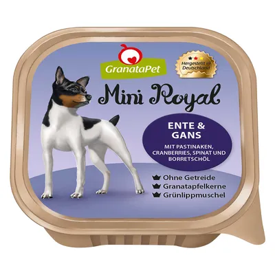 GranataPet Mini Royal ENTE & GANS kutyaeledel, paszternákkal, áfonyával, spenóttal és borágóolajjal. Ohne Getreide, Granatapfelkerne, Grünlippmuschel. Hergestellt in Deutschland.
