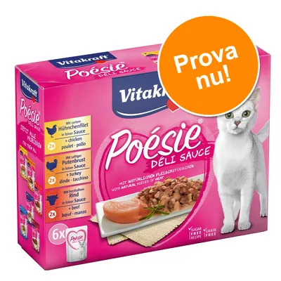 Vitakraft Poésie Deli Sauce kattmat, 6-pack med kycklingfilé, kalkonbröst och nötkött i sås. Stor orange cirkel med texten 'Prova nu!'. Bild på vit katt och serverad mat.