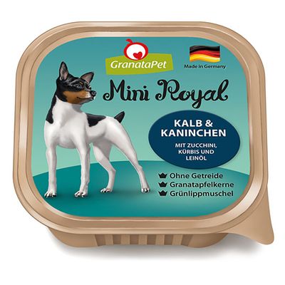 GranataPet Mini Royal, συσκευασία 6 τεμαχίων, χωρίς δημητριακά, σπόροι ροδιού, πράσινο χειλικό μύδι. Ποικιλίες: μοσχάρι & κουνέλι, αρνί & πατάτα, κοτόπουλο & γαρίδες, σολομός & γαλοπούλα, κυνήγι & Angus βοδινό, πάπια & χήνα.