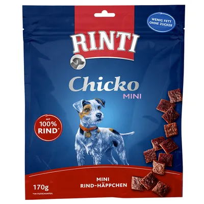 Rinti Chicko Mini rundhapjes, 170g verpakking. Met 100% rundvlees in het vleesgehalte. Laag vetgehalte, zonder suiker.