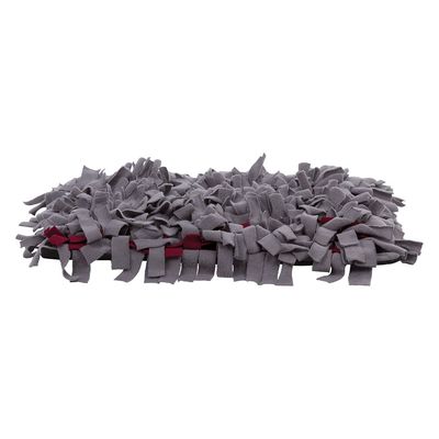 Grijze snuffelmat van stof met losse stroken, rechthoekig model, rode onderlaag zichtbaar aan de zijkant.