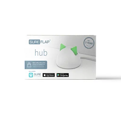 SureFlap Hub, compatible con productos con símbolo Connect. App disponible en Sure Petcare, App Store y Google Play. 3 años de garantía.