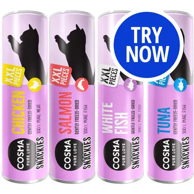 Cosma Snackies XXL gently freeze-dried treats in chicken, salmon, white fish and tuna varieties. Blue circle with 'Try Now' text shown.