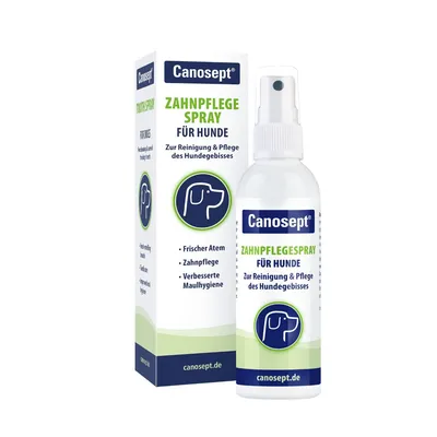 Spray do pielęgnacji zębów dla psów Canosept, widoczne napisy: Zahnplegespray für Hunde, Frischer Atem, Zahnpflege, Verbesserte Maulhygiene. Opakowanie i butelka z atomizerem.