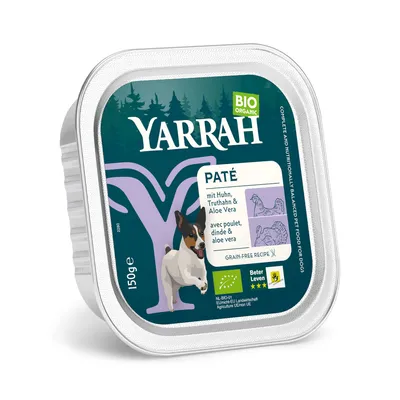 Barquette Yarrah BIO ORGANIC pâté avec poulet, dinde et aloe vera, 150 g. Recette sans céréales. Labels bio NL-BIO-01 et Beter Leven. Texte en allemand et français visibles.