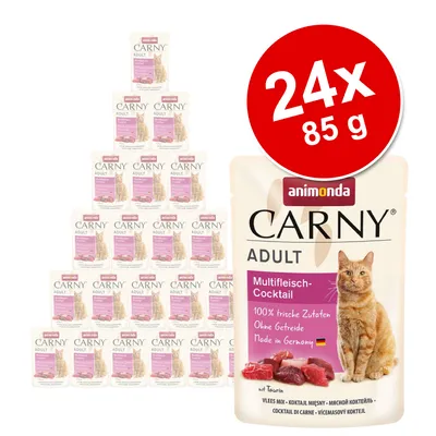 Zestaw 24 saszetek Animonda Carny Adult Multifleich-Cocktail, każda po 85 g. Na opakowaniu widoczny kot i tekst: 100% frische Zutaten, Ohne Getreide, Made in Germany.