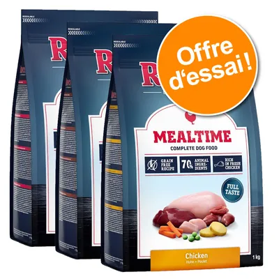 3 sacs de croquettes MEALTIME Chicken 1 kg, offre d’essai, mention 70 % ingrédients animaux, recette sans céréales, riche en poulet frais, visuels de viande, carottes, petits pois, pommes de terre.