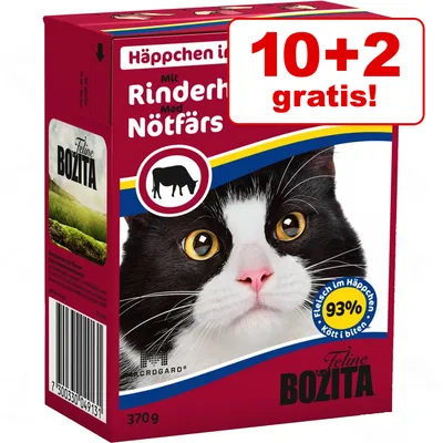 Feline Bozita, 370 g, s hovädzím mäsom, 93 % mäsa v kúskoch. Akcia: 10+2 gratis! Viditeľný čiernobiely kocúr na obale.