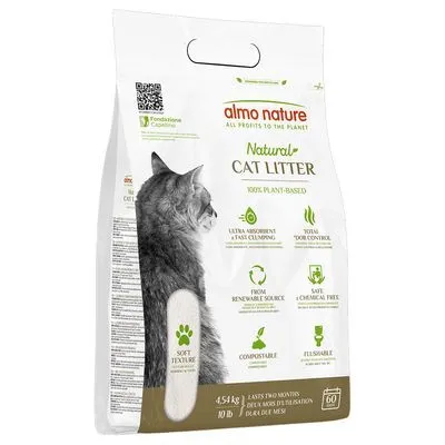 Zak almo nature Natural Cat Litter, 100% plant-based kattenbakvulling, ultra absorberend, geurcontrole, composteerbaar, veilig, zachte textuur, 4,54 kg. Tekst in het Engels.
