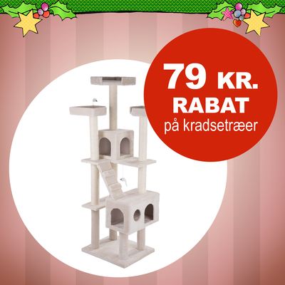 79 kr. rabat på kradsetræer, billede af stort lyst kradsetræ med flere platforme og huler. Tekst: 79 kr. RABAT på kradsetræer.