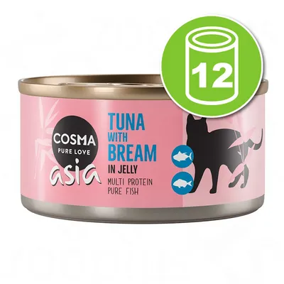 Cosma Asia Pure Love, boîte rose avec texte anglais 'Tuna with Bream in Jelly', illustration de chat noir, lot de 12 boîtes indiqué par un pictogramme vert avec le chiffre 12.