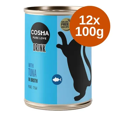 Cosma Pure Love Drink, Grain Free Recipe, with Tuna in Broth, Pure Fish. 12x100g kiszerelés látható a képen.