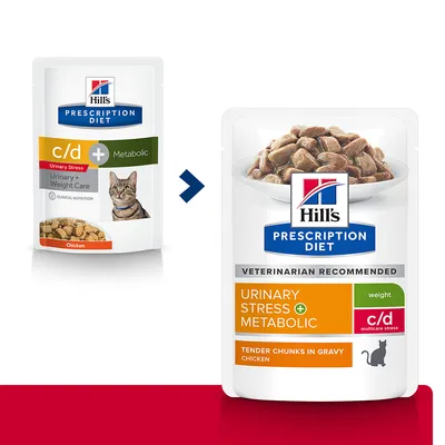 Ancien et nouveau packaging Hill's Prescription Diet c/d Urinary Stress + Metabolic pour chat, morceaux tendres en sauce au poulet, mentions visibles : weight, multicare stress, chicken.