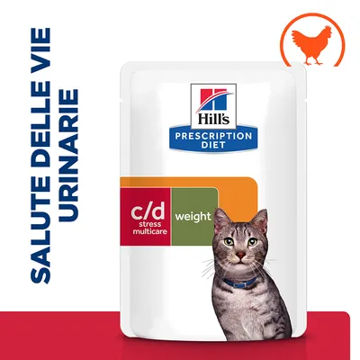 Hill's Prescription Diet c/d stress multicare weight per gatti, salute delle vie urinarie, immagine di un gatto e simbolo pollo in alto a destra.