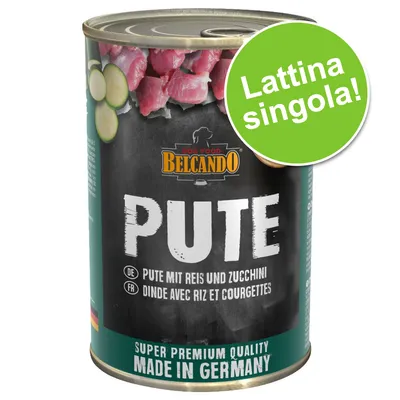 Belcando Pute mit Reis und Zucchini, lattina singola, super premium quality, made in Germany. Testo anche in francese: dinde avec riz et courgettes.