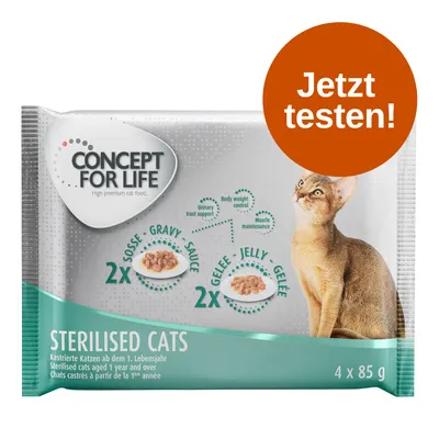 CONCEPT FOR LIFE Sterilised Cats, 2x Soße, 2x Gelee, für kastrierte Katzen ab dem 1. Lebensjahr, 4 x 85g. Jetzt testen!