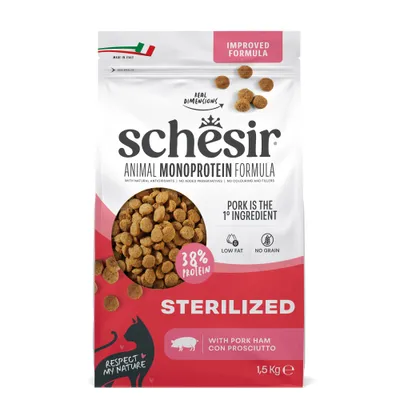 schesir Animal Monoprotein Formula Sterilised, Improved Formula, 38% protein, Pork is the 1st Ingredient, Low Fat, No Grain, with pork ham, 1.5 kg, Made in Italy schesir Animal Monoprotein Formula Sterilised, Improved Formula, 38% protein, Pork is the 1st Ingredient, Low Fat, No Grain, with pork ham, 1.5 kg, Made in Italy