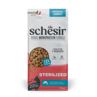 Schesir Animal Monoprotein Formula, izboljšana formula, riba je glavna sestavina, 38 % beljakovin, malo maščob, brez žit, za sterilizirane, s svežo ribo, 10 kg, izdelano v Italiji.