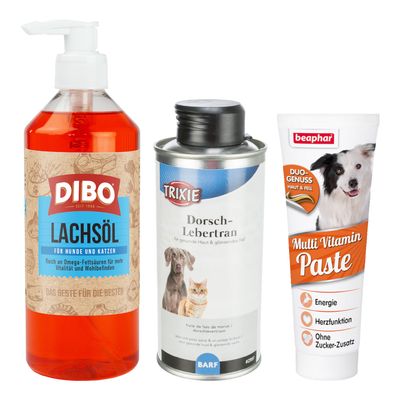 beaphar Multi Vitamin Paste mit Biotin, TRIXIE Dorsch-Lebertran, DIBO Lachsöl. Rød cirkel med hvidt procenttegn indikerer tilbud eller rabat.