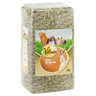 Vilmie Alpine Meadow Hay, bjergenghø, 4 kg. Emballagen viser hø og billeder af smådyr som marsvin, kaniner og hamstere.