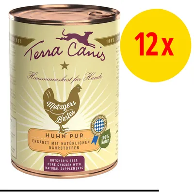 Terra Canis Huhn Pur våtfoder för hund, 12x. Text på burken: Metzgers Bestes, ergänzt mit natürlichen Nährstoffen, 100 % Natur, Butcher's Best: Pure chicken with natural supplements.