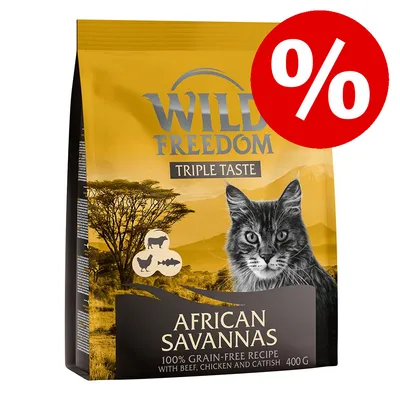 Wild Freedom Triple Taste African Savannas, 100 % grain-free recipe with beef, chicken and catfish, 400 g. Velik rdeč simbol za odstotek v zgornjem desnem kotu.