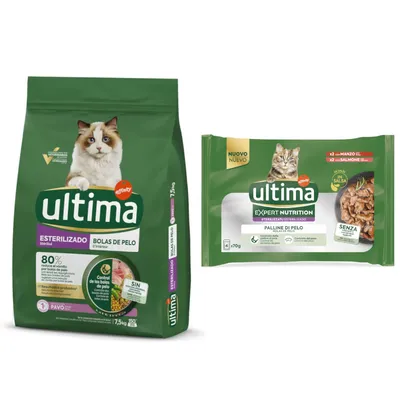 7,5 kg / 10 kg Ultima Crocchette  + 4 x 70 g / 8 x 85 g Umido per gatti gratis! - 7,5 kg Sterilized Hairball Tacchino + 4 x 70 g Expert Nutrition Hairball Manzo & Salmone