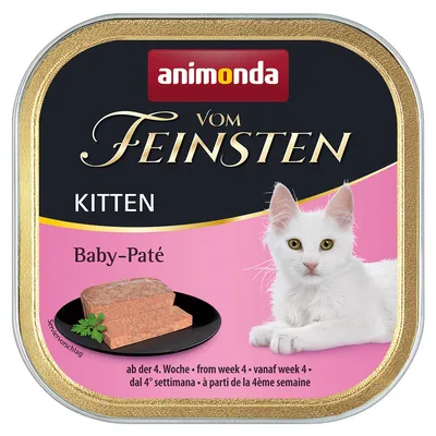 Animonda Vom Feinsten Kitten Baby-Paté, geeignet ab der 4. Woche. Serviervorschlag: Paté auf schwarzem Teller mit Petersilie. Weißes Kätzchen abgebildet.