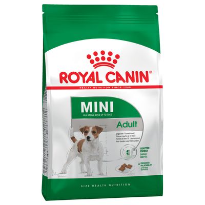 Royal Canin MINI Adult -kuivaruokapakkaus pienille koirille, näkyvissä teksti: ALL SMALL DOGS UP TO 10 KG, ADULT, ADAPTED ENERGY, ENHANCED PALATABILITY.