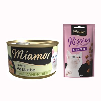 Miamor Feine Pastete mit Huhn, boîte de pâtée pour chat avec image d’un chat blanc et texte en allemand sur l’étiquette.
