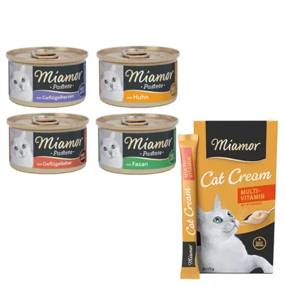 Miamor Kombi-Paket: 12 x 85 g Pastete + 12 x 15 g Multi-Vitamin Cream Snacks - Pastete mit Geflügel (4 Sorten) + Snack Multi-Vitamin Cream