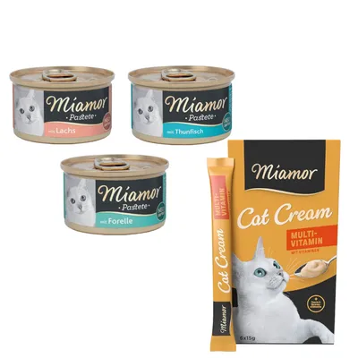 Miamor Kombi-Paket: 12 x 85 g Pastete + 12 x 15 g Multi-Vitamin Cream Snacks - Pastete mit Fisch (3 Sorten) + Snack Multi-Vitamin Cream