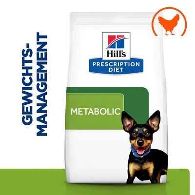 Hill's Prescription Diet Metabolic za uravnavanje telesne teže, s piščancem. Embalaža prikazuje ime izdelka in logotip.