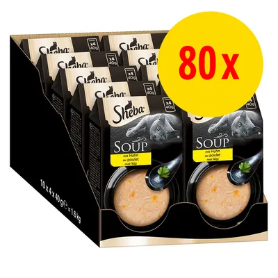 Sheba Soup med kylling, 80 x 40 g poser. Synlig tekst: 'mit Huhn au poulet met kip'. Billedet viser flere pakker i en papkasse.