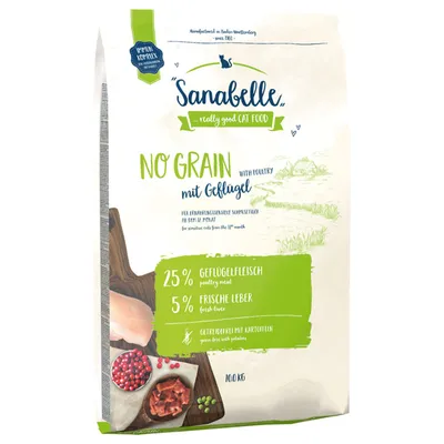 Sanabelle really good cat food No Grain mit Geflügel, 25 % Geflügelfleisch, 5 % frische Leber, 10 kg, sans céréales avec pommes de terre. Texte en partie en allemand et anglais.
