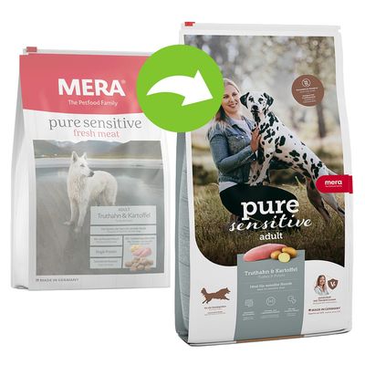 Смена упаковки корма для собак MERA pure sensitive с изображением старой и новой пачек, видны надписи: 'pure sensitive', 'Truthahn & Kartoffel', 'adult', бренд mera.