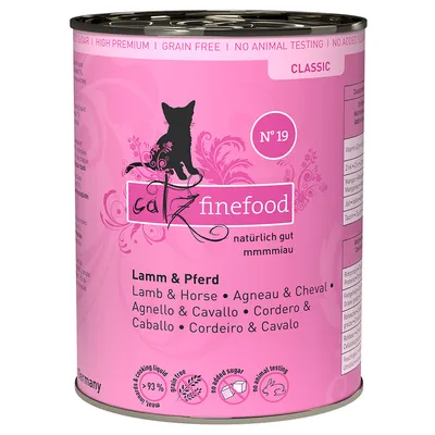 Catz Finefood Classic Nr. 19, bárány és ló, gabonamentes, hozzáadott cukor nélkül, állatkísérlet-mentes, 93% hústartalom, Németországban készült.