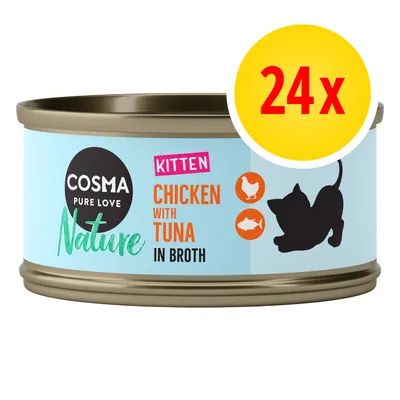 Multipack of 24 Cosma Pure Love Nature tins, chicken with tuna in broth for kittens, as shown on the label.